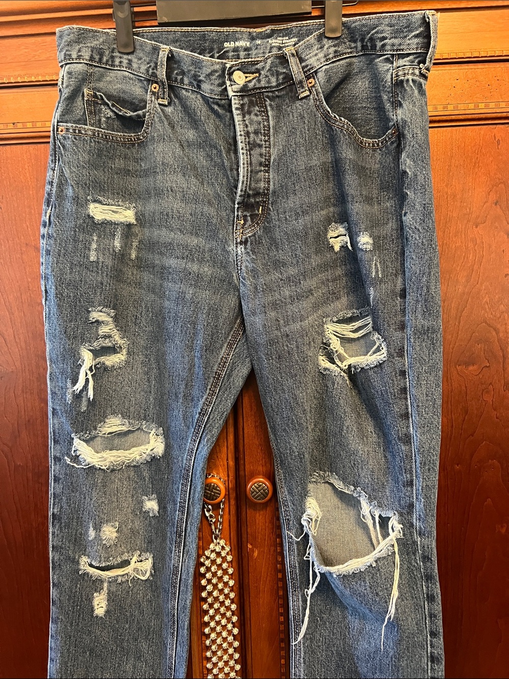 Old Navy Distressed Boyfriend Jeans - Dark Blue Denim - Picture 2 of 5